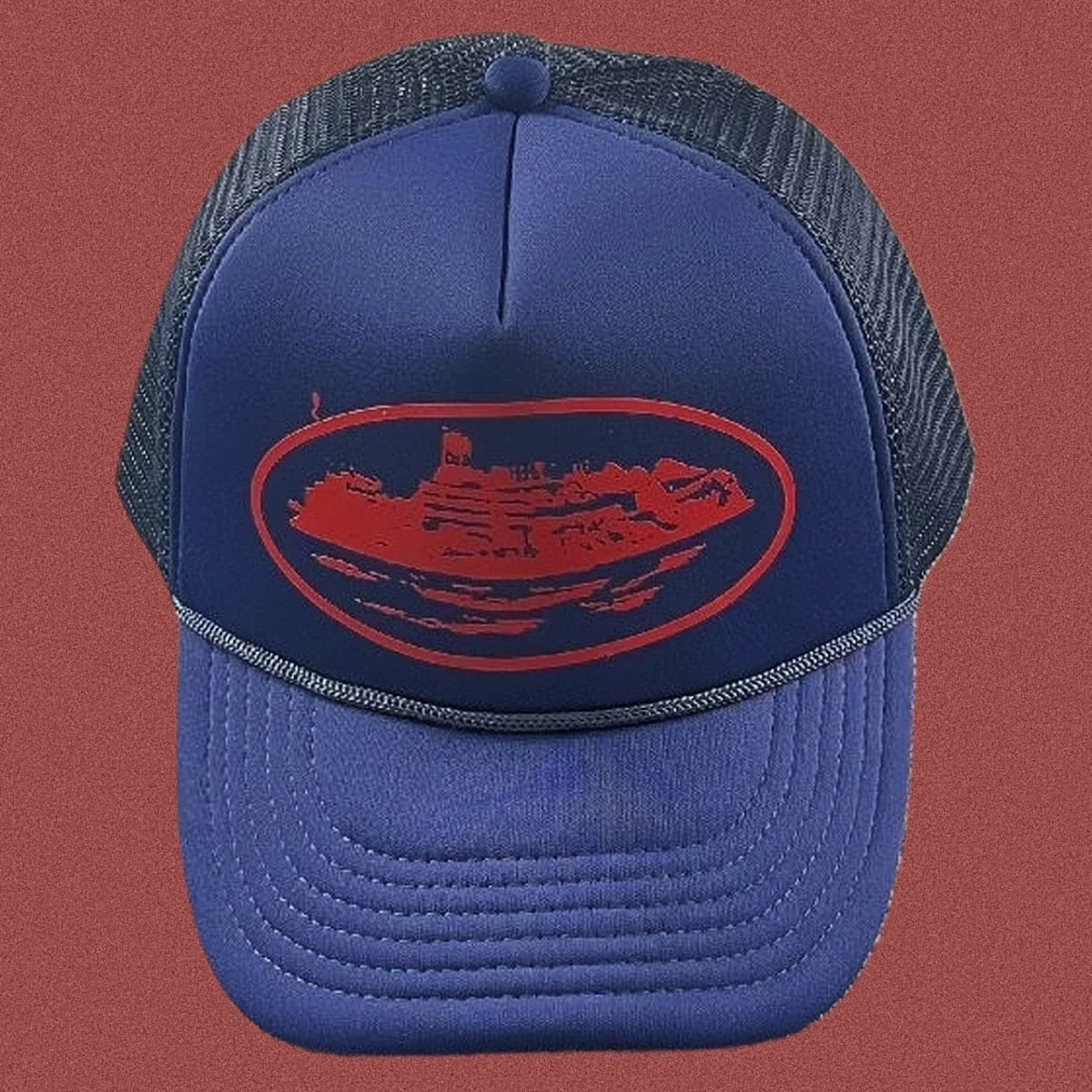 Corteiz Vintage Blue Trucker Hat with Red Cruise Ship Graphic