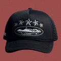 Cortiez Black Trucker Hat with Silver Stars and Cruise Ship Graphic