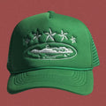 Corteiz Vintage Green Trucker Hat with White Stars and Cruise Ship Graphic